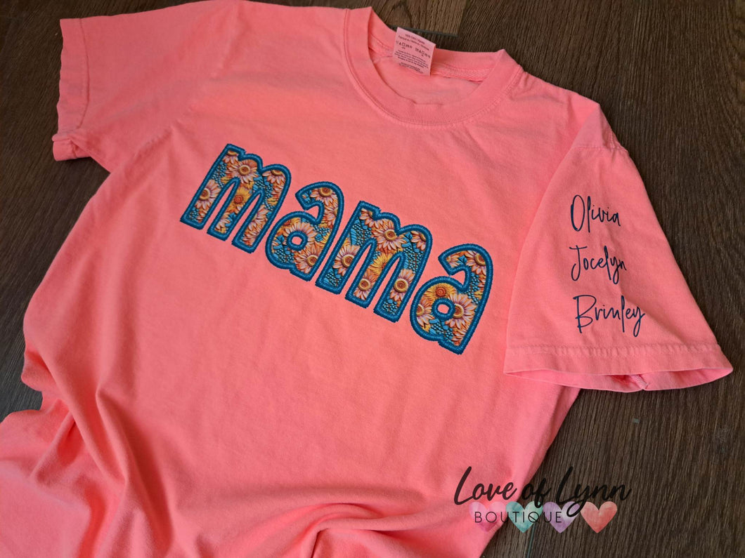 Faux Embroidery Sunflower MAMA w/ Names on Sleeves