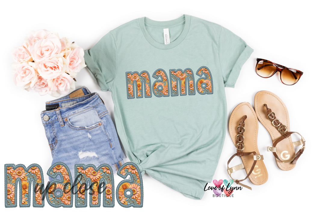 Mama Blue/Orange Floral Faux Embroidery